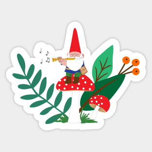 Gnome on a mushroom playing the flute Sticker